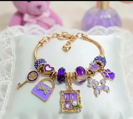 Purple Luxury Beaded Charm Bracelet for Women, Cute Dog Heart Pendant, Fashion Adjustable Bangle, Aesthetic Jewelry Gift for Friends $6.00
