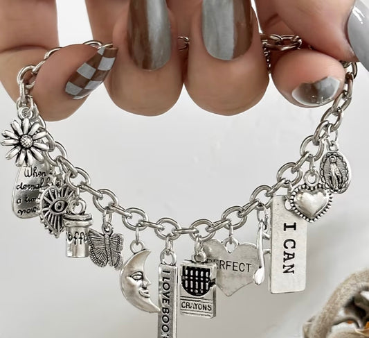 K-Plated Alloy ICAN Letter Music Note & Moon/Butterfly/Pendant Charms Bracelet with Retro Style 1pc Suitable for Daily Wear & Vacation, 🌺Year-Round Accessory Gift for Sisters, Couples, Musicians $6.00🦋