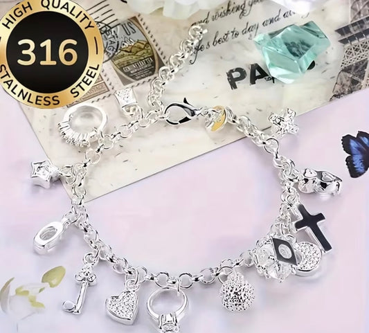 Stainless Steel 316 Hypoallergenic Bracelet Series Featuring Cross Star And Key Designs Elegant And Fashionable Perfect for Luxury Gifts for Women at Parties Silvery $6.00